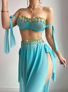 SHEIN 3 件套性感网眼流苏系带蝴蝶结抹胸上衣和丁字裤和裙子套装，外出精灵服装女式两件套夏季两件套肚皮舞服装两件套女式 - 淺藍色 - 查看 6