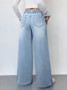 SHEIN PETITE 女士蓝色牛仔裤夏季阔腿裤舒适松紧腰带口袋夏季休闲装 - 淺色水洗藍 - 查看 2