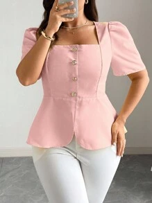 Elenzga Plus Size Women Elegant Solid Color Puff Sleeve Blouse Business Casual Top Square Neck Blouse Women Tops Pink Top Puff Sleeve Top - Pink - View 4