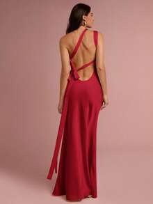 Enchnt Women's Elegant Solid Color Backless Dress - Red - View 2