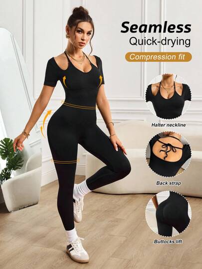 Slayform Bộ đồ liền thân tay ngắn màu trơn dành cho nữ