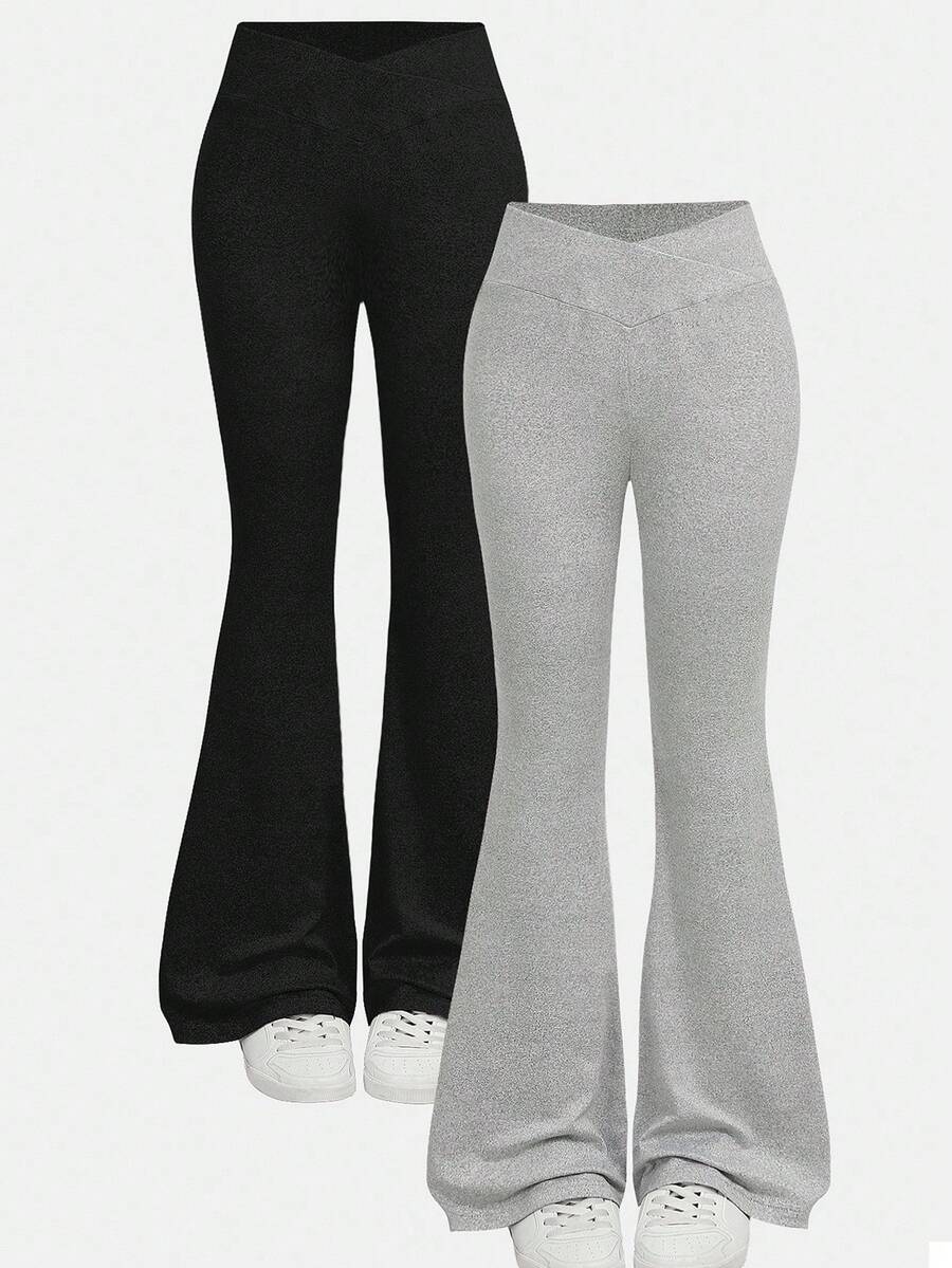 Girlism Teen Girl 2pcs Basic Mid-Calf Flare Pants, Black & Gray Waistband Criss-Cross Design Skinny Casual Flare Pants , Fall, Halloween, Glowmode, Holiday, Back To School, First Day Of School Winter - Multicolor - View 1