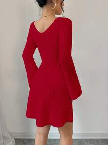 EURMUSE Women's Solid Color Off Shoulder Long Sleeve Ribbed Knit Sweater Dress,Winter Dresses - Red - View 2