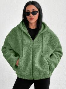 EURMUSE 100%Cotton Zip Up Drop Shoulder Hooded Teddy Jacket - Green - View 5