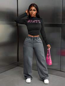 EURMUSE Jeans droits à taille élastique décontractés pour femmes - Gris - Voir 5