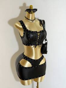 Mistrie 女士新款无袖性感方领吊带背心裙，饰有铆钉刺绣设计，低腰露肩迷你蓬蓬裙，搭配PU皮革套装，朋克风街头服饰，万圣节节日女装套装。 - 黑色 - 查看 8