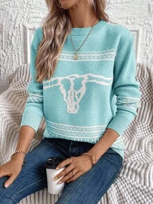 EURMUSE Runder Kragen Kontrast Farbe Ochsenmuster Lässiger bequemer Pullover Pullover für Herbst/Winter