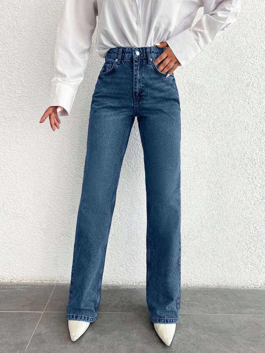 SHEIN Tall Tall High Waist Casual Straight Jean - Medium Wash - View 1
