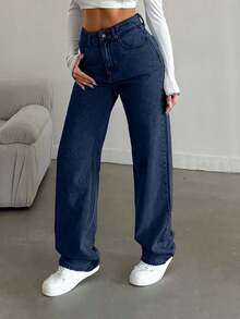 SHEIN Cottnline Snow Wash Straight Leg Jeans High Rise ,Petite Women - Navy Blue - View 4