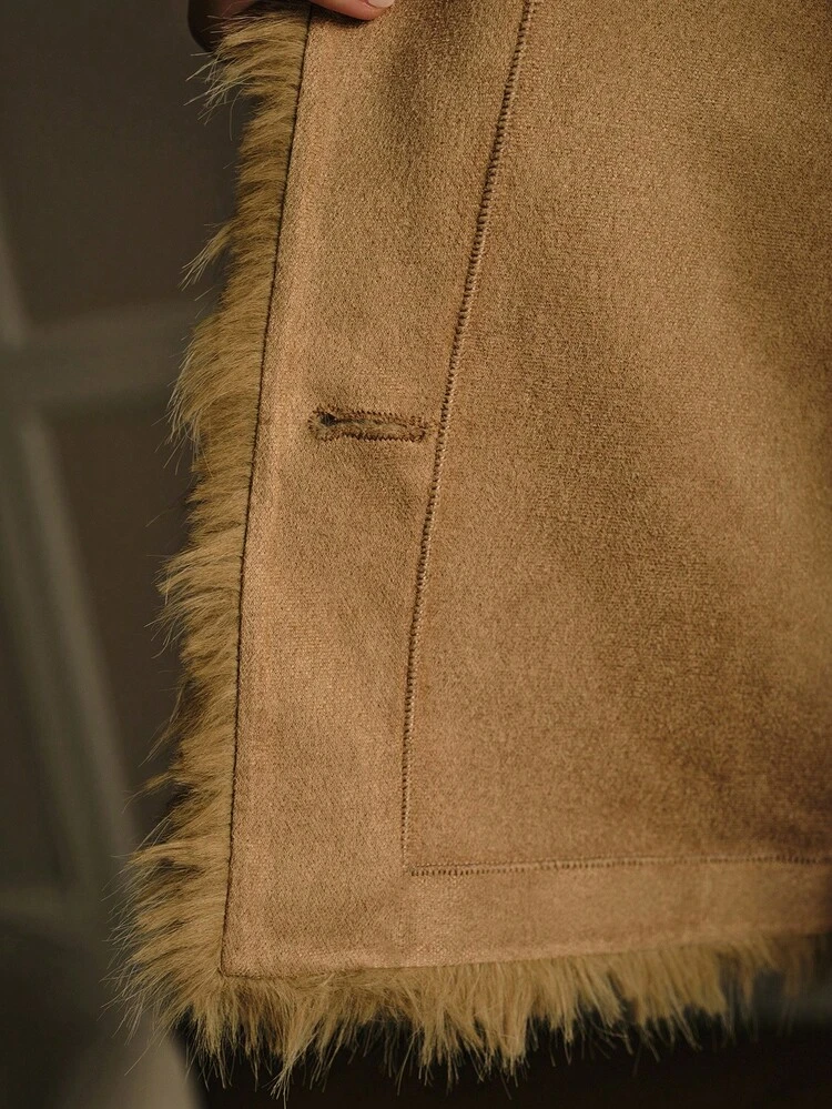 WOOL-LIKE FABRIC SOLID FAUX FUR METAL BUTTON PLACKET COAT