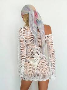 SHEIN ICON 时尚性感纯色透视镂空针织连衣裙白色钩针连衣裙白色网纱连衣裙透视连衣裙镂空连衣裙秋冬女装 - 白色 - 查看 2