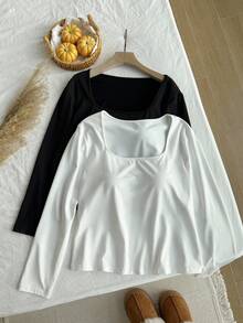 SHEIN EZwear 大码女式纯色加厚修身弹力T恤，初秋 - 彩色 - 查看 7