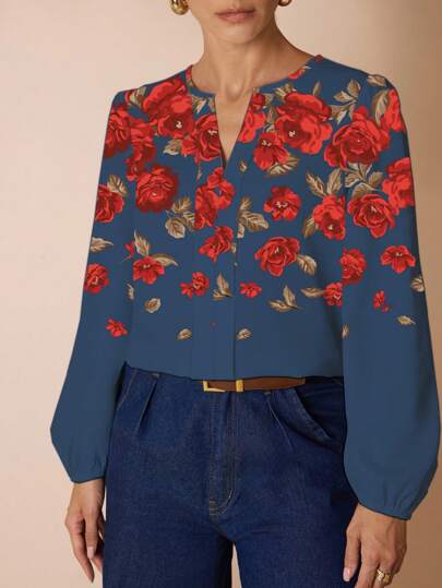 Glamance Whitebread Women's Casual Minimalist Blouse, Suitable For Autumn, Long Sleeve Shirt Red Rose Blouse Flower Blouses For Women Rose Top Floral Top