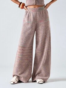 LYSMO Calça minimalista de malha com cintura elástica, em tons de cinza e rosa, com pernas largas e modelagem solta, ideal para o outono de 2025, perfeita para sair, voltar às aulas, formatura, streetwear e estilo Estocolmo. - Multicolorido - Ver 1