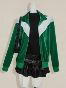 SHEIN ICON Women's Going Out Green Back To School Preppy Casual Colorblocked Patchwork Jacket, Spring/Autumn - Green - View 6