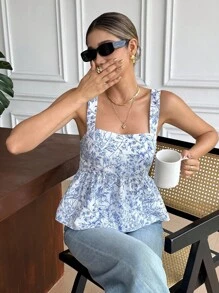 Serisse 女士花卉印花露背系带镂空荷叶边下摆吊带背心 - 藍色 - 查看 2