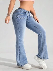 SHEIN ICON Plus Size Women's Retro American Style Blue Versatile Fashion Flared Jeans - Blue - View 5