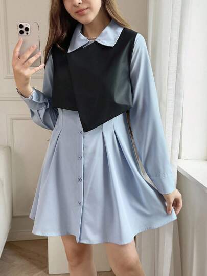 2pcs Set Teenage Polo Collar Long Sleeve Dress & Matching Color Block PU Vest Set, Suitable For Outings, Vacations, And Leisure Wear