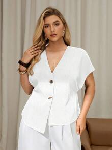 Auralis Plus Size Women's Solid Color Metal Single-Breasted Batwing Sleeve Fashionable Blouse - White - View 5