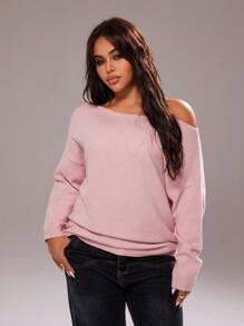 Rustia Plus Size Solid Color Pink Sexy Simple Asymmetric Batwing Sleeve Pullover Sweater Fall Winter Cloth For Women Autumn CASUAL