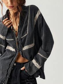 Bohemela Women's Vacation Casual Washed Contrast Lace Blouse,Ladies Long Sleeve V Neck Oversized Dark Grey Drop Shoulder Women Blouses,Spring/Fall Daily Wear - Dark Grey - View 6
