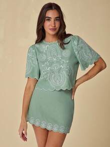 Enchnt 夏季休闲刺绣泡泡袖上衣和裙子两件套