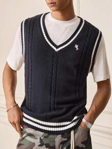 SWAVVY Men's Collegiate Style Embroidered Heart Knit Vest, For Fall Winter - Royal Blue - View 5
