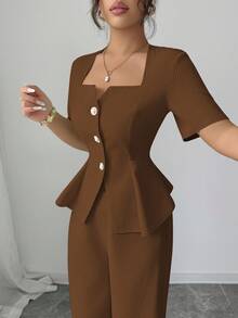 Elenzga 新款时尚法式女装春夏修身设计感 A 字型方领衬衫 + 阔腿直筒裤 2 件套 - 棕色 - 查看 7