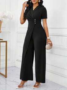 SHEIN Lady 2025 New Ladies Black Solid Color Criss-Cross Wrap Front Black Sleeveless Jumpsuit, Elegant Summer Fall Clothes For Women Halloween Women Jumpsuits Elegant Black Wide Leg Jumpsuit Fall Clothes For Women Halloween Chic Women's Jumpsuit Business Casual Outfits Women Casual Women Outfits - Black - View 1