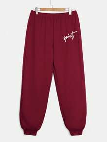 SHEIN EZwear 2 件酒红色加大码连帽宽松长袖运动衫和松紧腰长裤套装连帽衫和运动裤套装运动服 2 件套休闲套装女式舒适套装 - 酒紅色 - 查看 6