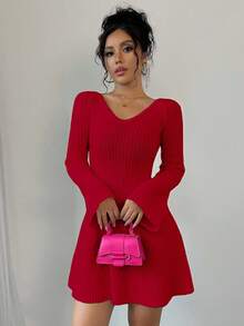 EURMUSE Women's Solid Color Off Shoulder Long Sleeve Ribbed Knit Sweater Dress,Winter Dresses - Red - View 4
