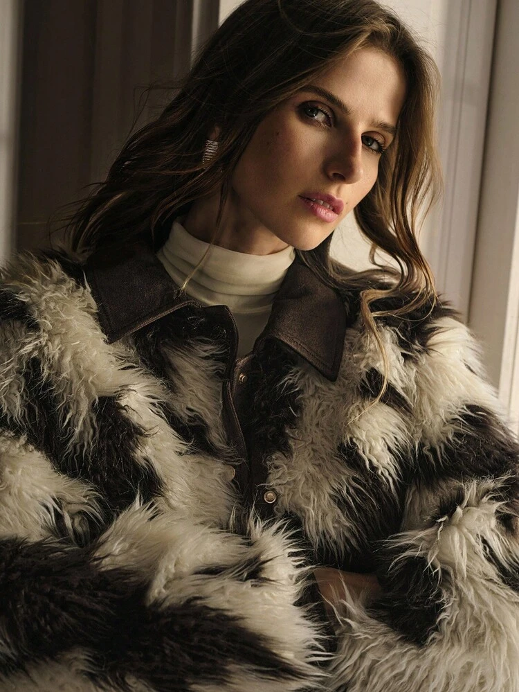 SNAP BUTTON TWO TONE FAUX FUR COAT