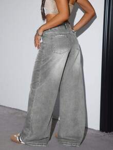 EURMUSE 女士宽松直筒蓝色牛仔裤、阔腿女裤、宽松女裤、女士牛仔裤 - 灰色 - 查看 2