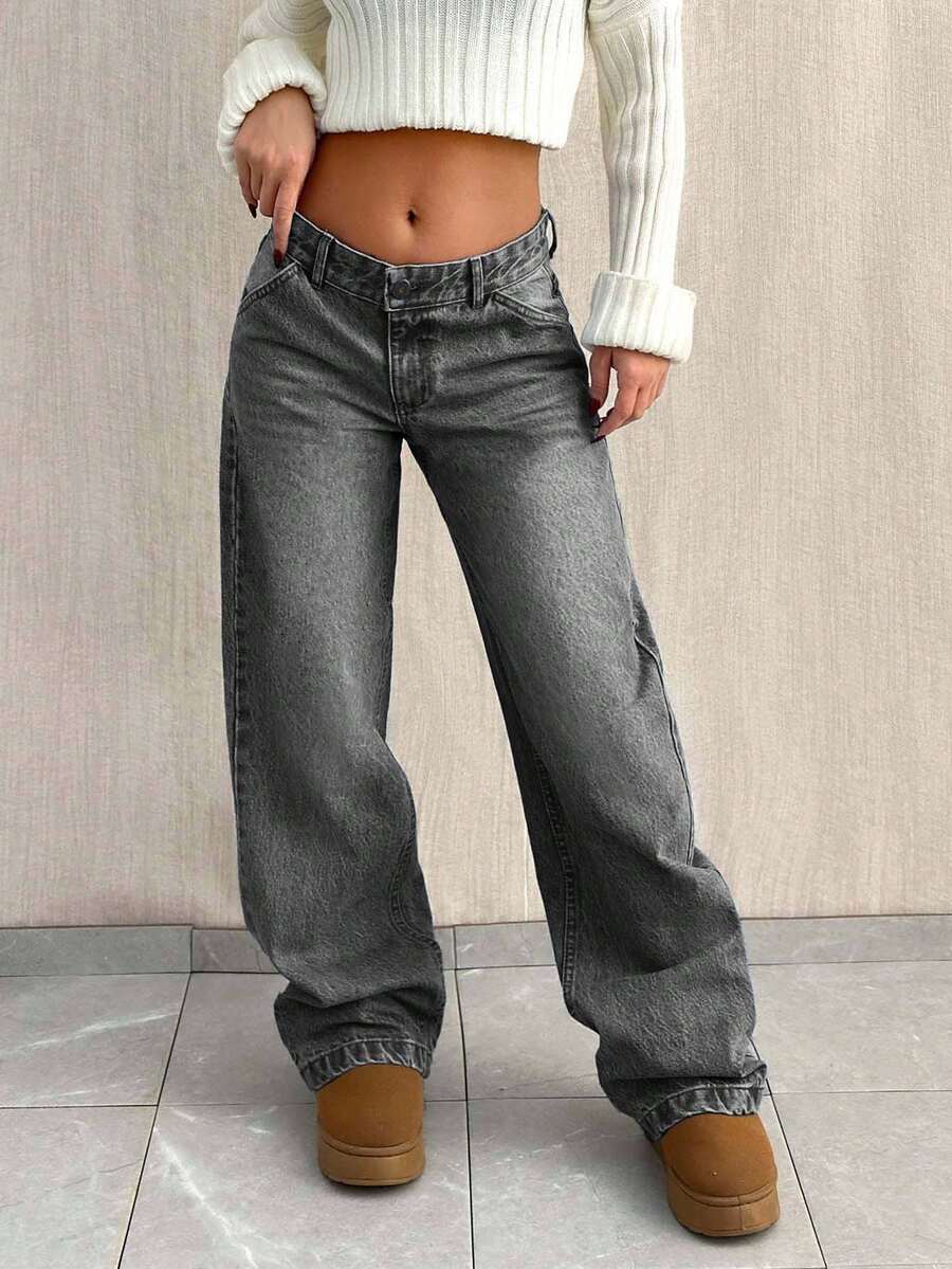EURMUSE PETITE CASUAL LOW WAIST BAGGY LOOSE STRAIGHT LEG JEAN - Grey - View 1