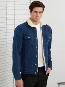 RueChic 100%纯棉男士博格领翻盖口袋保暖内衬牛仔夹克