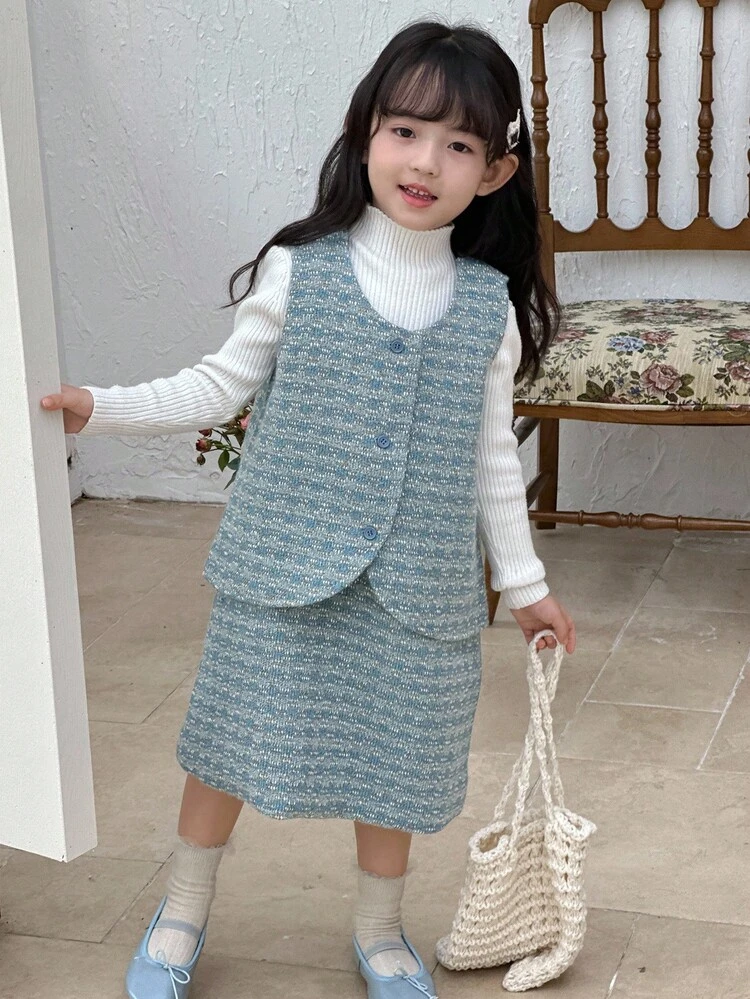 2pcs/Set Young Girl Korean Style Sleeveless Vest And Mini Skirt Outfit