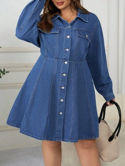 SHEIN CURVE+ 大码女式长袖单排扣休闲牛仔衬衫裙