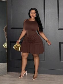 Veslaya Nuevo vestido elegante de primavera/verano para fiesta, cita elegante, noche y mini vestido, ajustado de color marrón sólido sin mangas con pliegues en la cintura, volantes en el bajo, tela elástica de punto, tallas grandes para mujer - Marrón - Ver 4