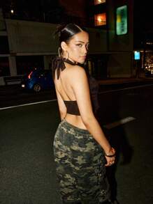 SHEIN ICON Sexy PU Leather Lace-Up Backless Halter Top, Summer Brown Top