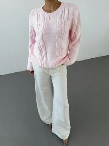 SHEIN TEENGIRL Loose Fit Crew Neck Long Sleeve Cable Knit Sweater, Casual College Style Pink Sweater For Girls Pink Sweater Tween Sweater For Tweens Teen Sweater Girls Pink Cable Knit Sweater Cropped Sweater Light Pink Sweater Aesthetic Sweater,In Fall/Winter