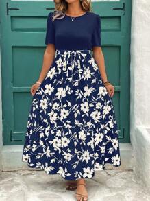 Reflora Kleid mit Blume Muster, Rüschensaum und Kurzarm in Große Größen