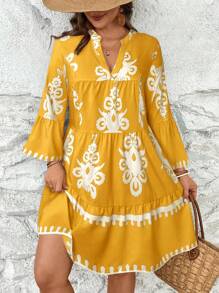 SHEIN VCAY Plus Size Vacation Flowers Babydoll Dress - Yellow - View 1