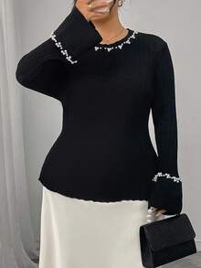 Modelyn Plus Size Women's Casual Fashionable Pearl Decor Long Sleeve Fitted Sweaters Fall Winter Cloth For Women Autumn - Black - View 6