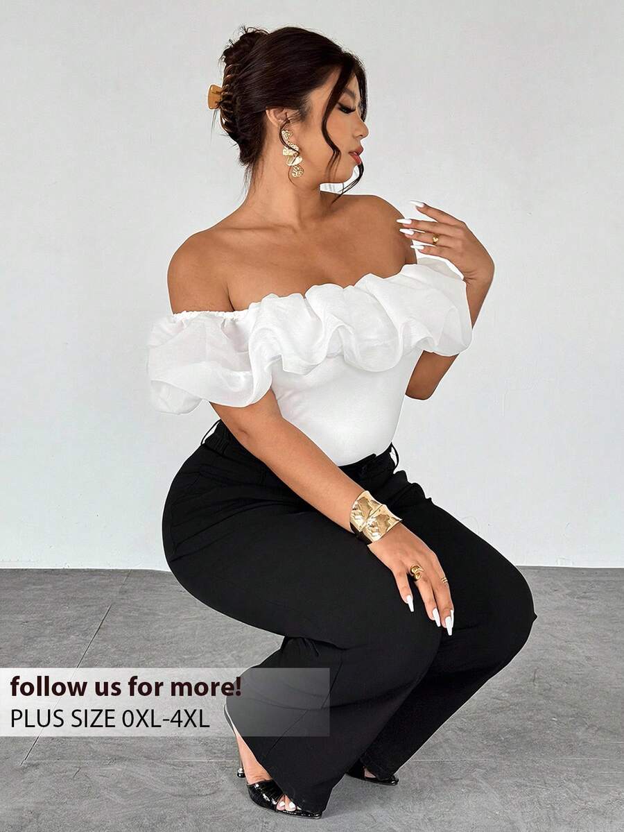 Firerie 大码女式优雅别致浪漫魅力通勤时尚婚礼、派对、度假透明露肩修身短袖白色衬衫/情人节/音乐会/表演/约会/正式晚宴/庆典/婚礼季/性感/优雅/通勤/返校/度假/海滩/优雅浪漫/办公室女士/美人鱼风格/生日派对上衣 - 白色 - 查看 1