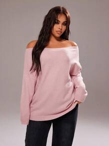 Rustia Plus Size Solid Color Pink Sexy Simple Asymmetric Batwing Sleeve Pullover Sweater Fall Winter Cloth For Women Autumn CASUAL