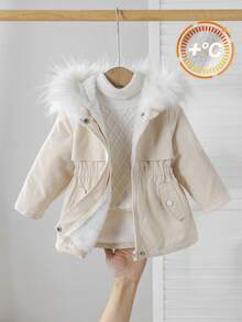 Babygirl 可爱杏色羊毛连帽毛领夹克，秋冬 - 杏色 - 查看 1