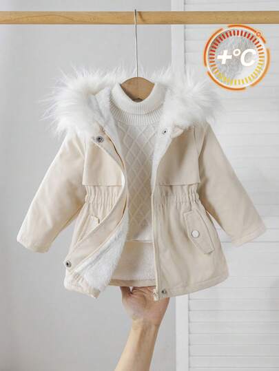 Babygirl 可爱杏色羊毛连帽毛领夹克，秋冬