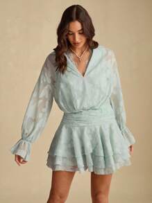 Enchnt Summer Romantic Women's Green Jacquard Cowl Lace Neck Dropped Shoulder Long Sleeve Layered Ruffle Hem Mini Dress, Suitable For Vacation,Sweet&Date&Holiday&Party&Graduation,Summer Clothes, ,Elegant Dresses For Party,Bohemian Clothes - Green - View 5