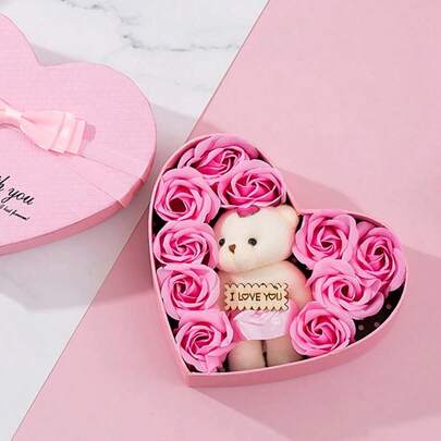 1 件粉色人造花和 1 件心形收纳盒，浪漫仿真花装饰，适合居家和派对