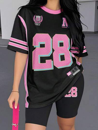 SHEIN Conjunto de 2 piezas de top casual de mujer con estampado gráfico de bloques de color creativos y shorts de ciclismo